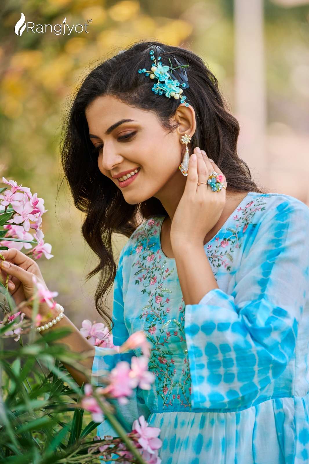 RICHGIRL MULL COTTON SEQUENCE, EMBROIDERY AND HANDWORK FANCY TUNICS WITH SHADES OF SHIBORI PRINT BY RANGJYOT BRAND 1001 C